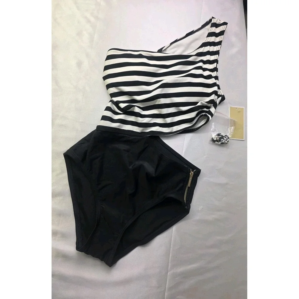Michael Kors One Piece Swimsuit Cut Out Black White‎ Stripe Zip Size 6 NWT